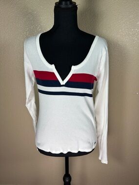 Hollister White V-Notch Long Sleeve Top Red & Navy Striped Size L